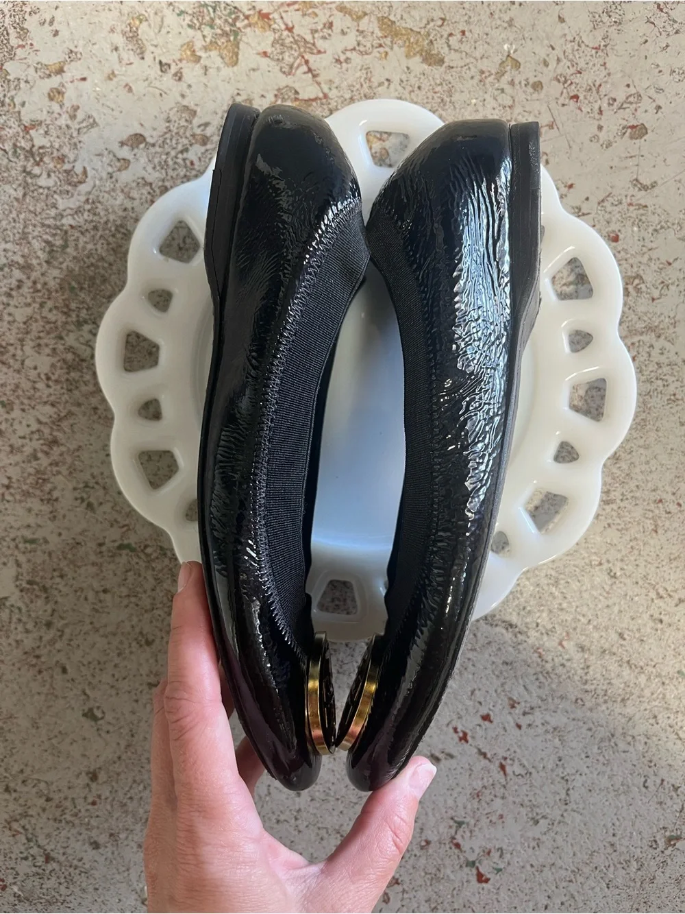 Tory Burch Caroline ballet flats Black Patent with black and gold logo size 5